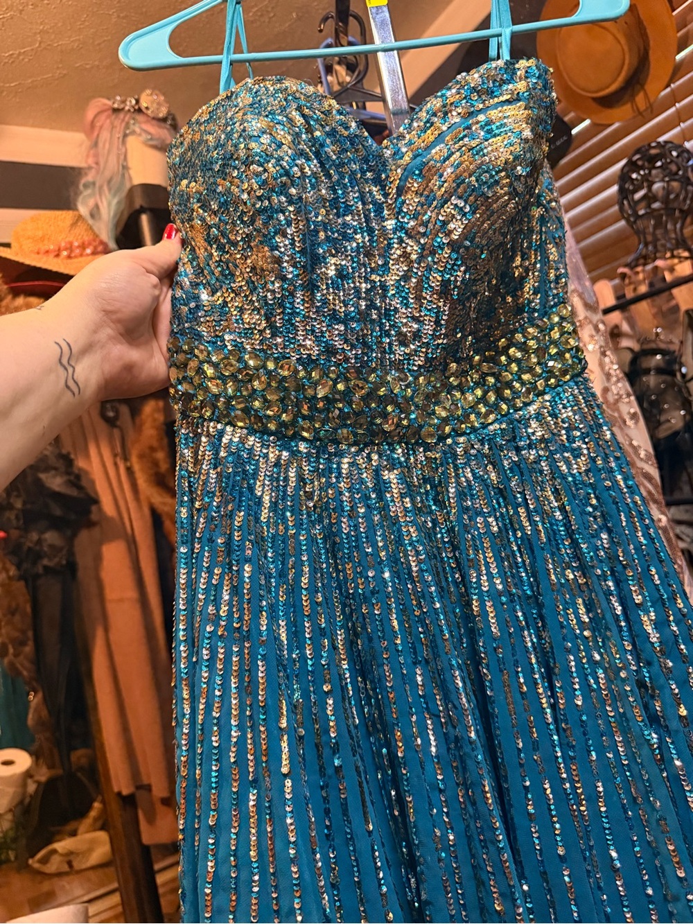Strapless Teal Sequin Prom Dress with Jeweled Waist